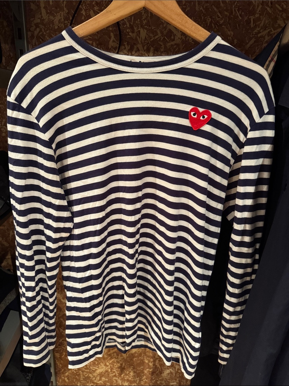 Comme des Garcons PLAY Navy & White Striped Long Sleeve Tee with Red Heart Patch